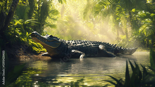 A massive crocodile basking on the riverbank, its dark, rugged skin glistening under the midday sun. The rippling water reflects its large body, and dense