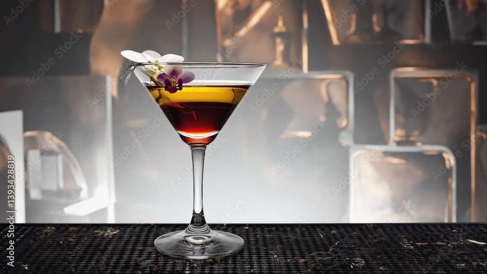 A glass filled with wine featuring a flower as garnish