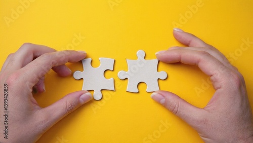 Obraz na płótnie Two hands holding two pieces of a puzzle, suggesting completion or unity w salonie