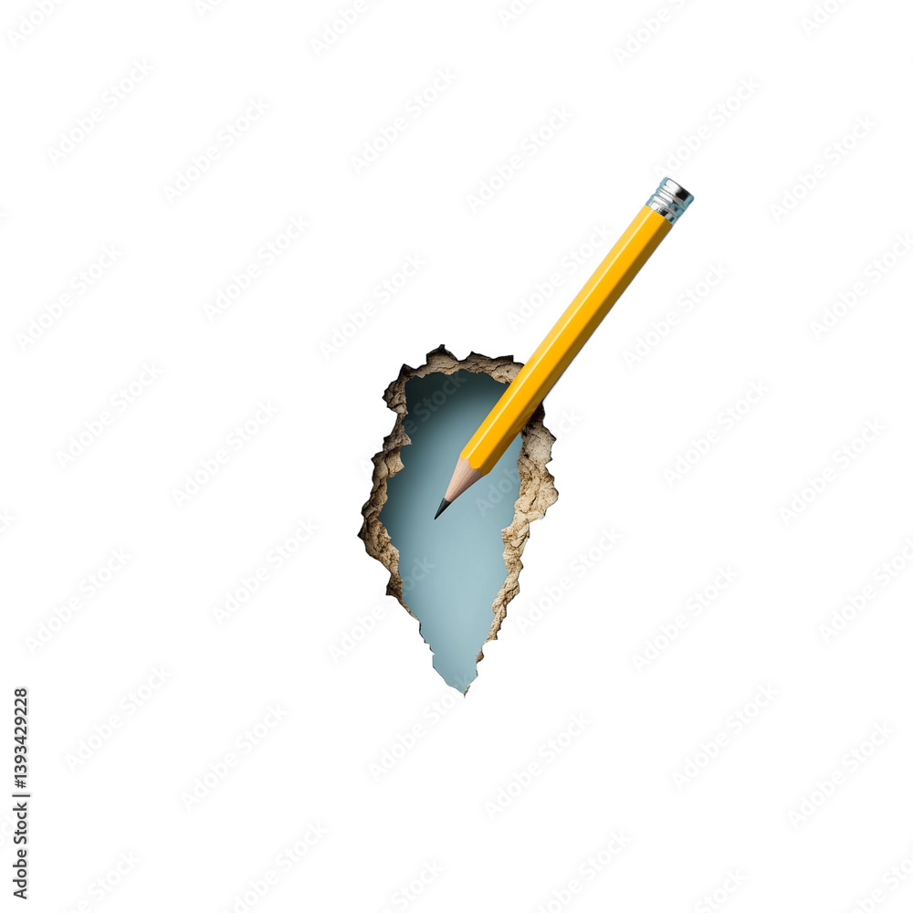 Yellow pencil breaking through a hole in a white wall on a transparent background