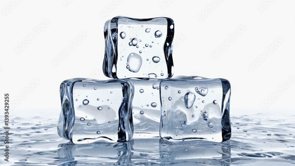 Three ice cubes floating on the surface of calm water, perfect for illustrations or backgrounds