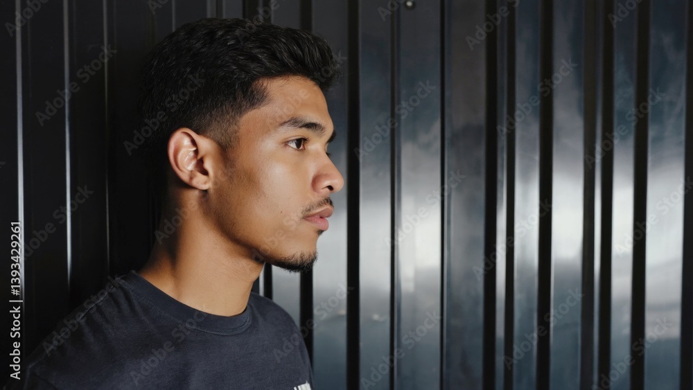 A person standing in front of a metal barrier, potential use as background or for architectural concepts
