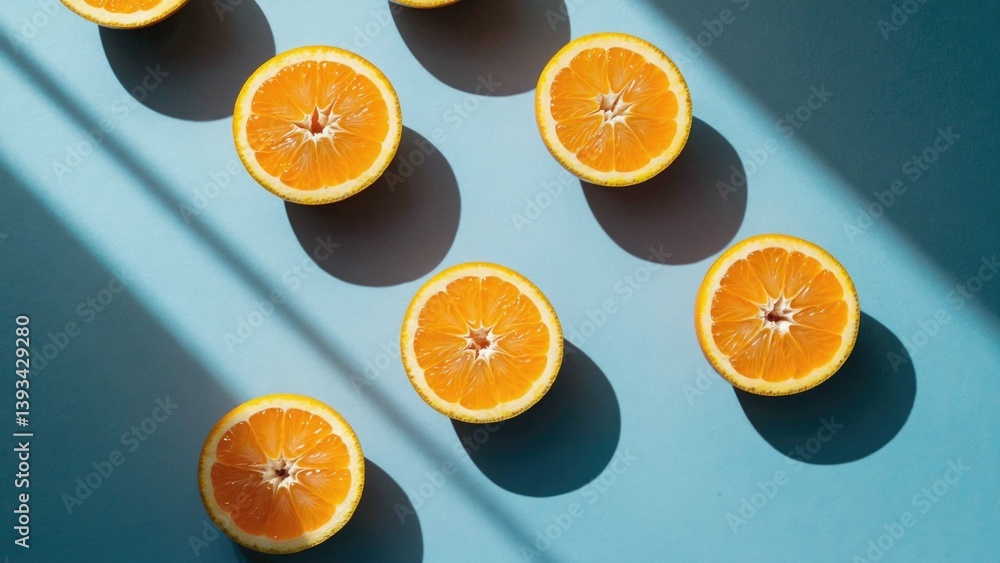 A collection of oranges arranged on a blue surface