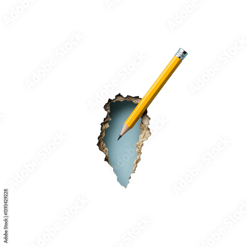 Obraz na płótnie Yellow pencil breaking through a hole in a white wall on a transparent background w salonie