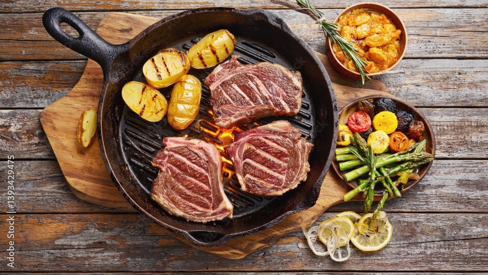 Sizzling hot steaks, potatoes, and asparagus on a sizzling grill plate