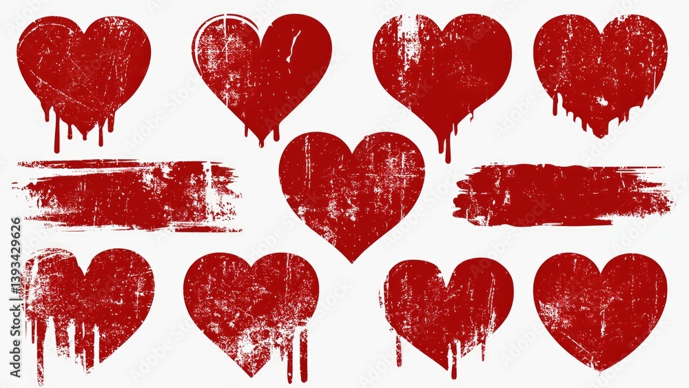 A set of distressed hearts with paint drips, great for artistic or edgy designs