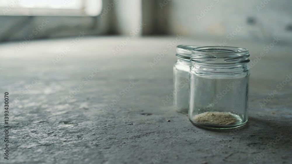 A glass jar filled with sand placed on a plain cement floor, ideal for using as a background or in decorative settings