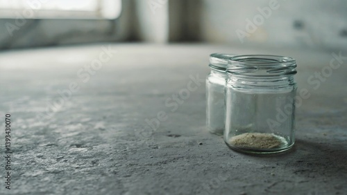 Obraz na płótnie A glass jar filled with sand placed on a plain cement floor, ideal for using as a background or in decorative settings w salonie