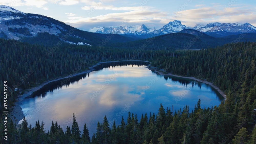 A serene lake surrounded by dense forest and towering mountains, perfect for outdoor enthusiasts and nature lovers