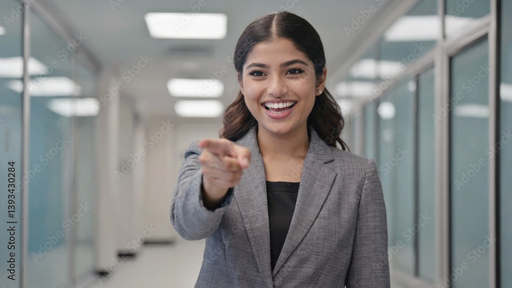 A professional woman in a business suit points at the camera, conveying authority and confidence