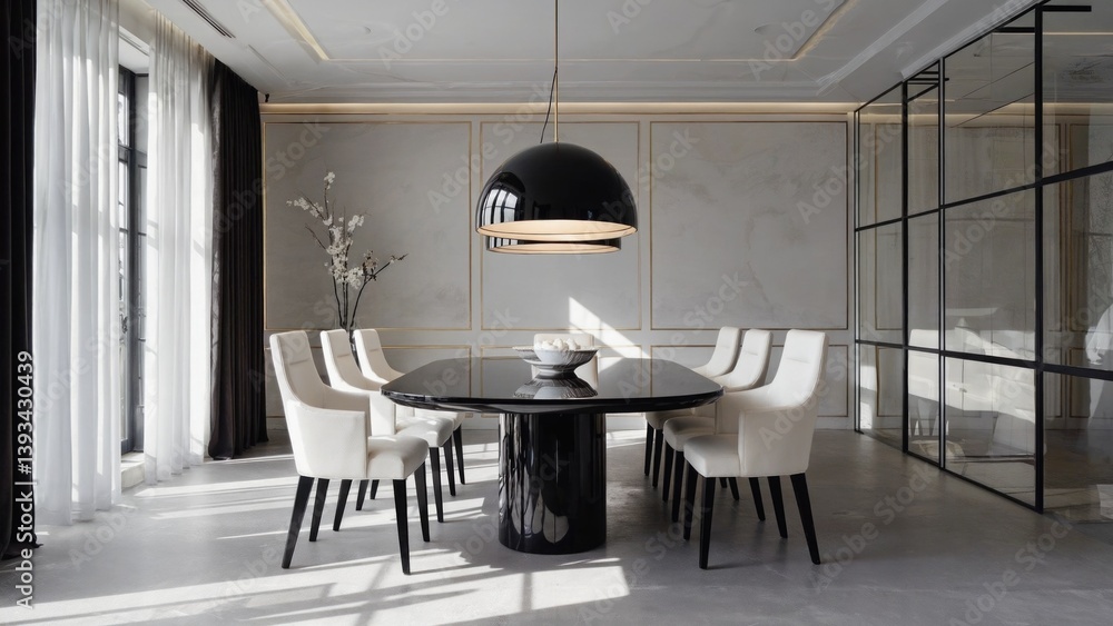 A modern dining room with a black table surrounded by white chairs, perfect for everyday meals or special occasions
