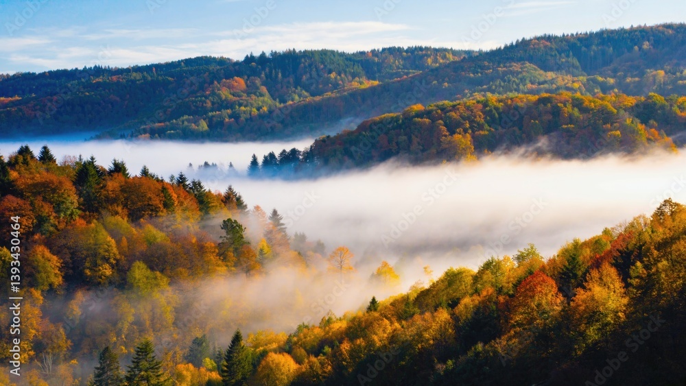 A serene mountain valley landscape featuring trees and greenery in the foreground, perfect for use as a background or scenic element