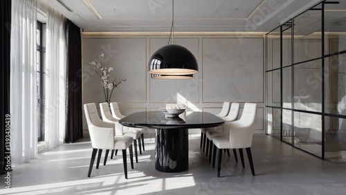 A modern dining room with a black table surrounded by white chairs, perfect for everyday meals or special occasions