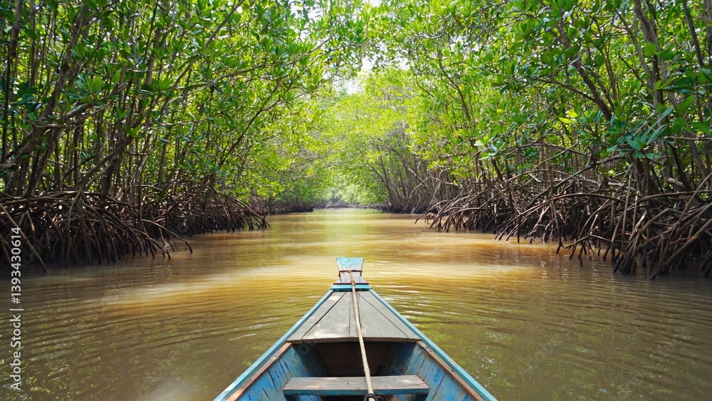 A boat floats calmly down a river surrounded by lush green trees, great for travel or nature scenes
