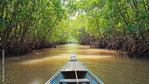 A boat floats calmly down a river surrounded by lush green trees, great for travel or nature scenes