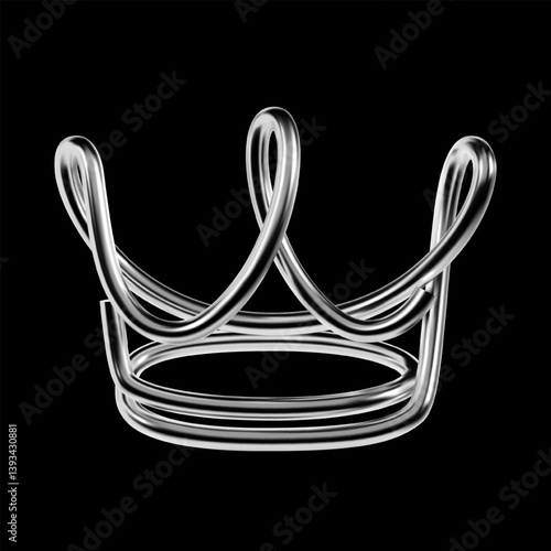 3D chrome abstract shape with looped lines in Y2K style. Metallic silver symbol isolated on transparent background, slightly resembling a futuristic crown