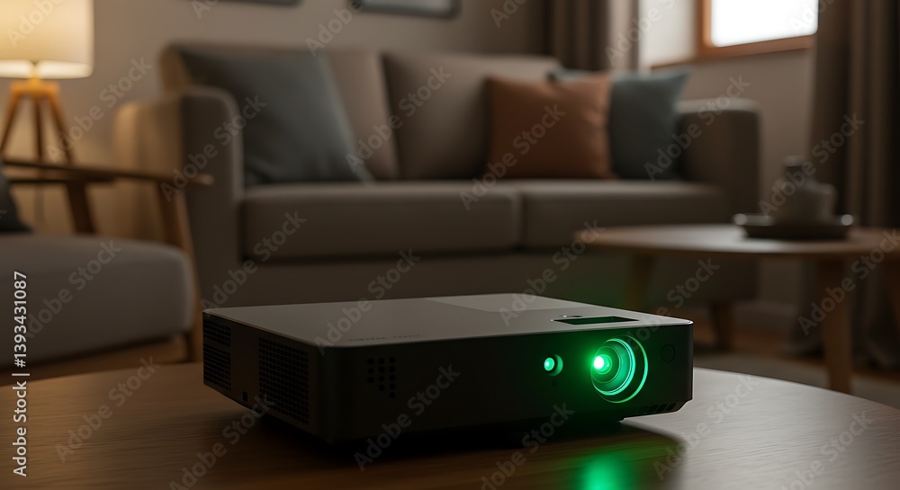 A Modern Projector Casting a Green Light on a Wood Table in a Living Room A Modern Projector Casting a Green Light on a Wood Table in a Living Room