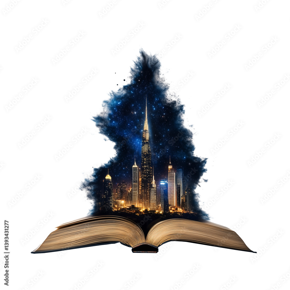Open book with a tall city skyline and dark blue trees emerging from its pages on a transparent background