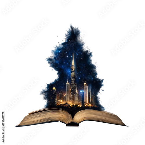 Open book with a tall city skyline and dark blue trees emerging from its pages on a transparent background