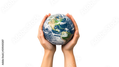 Fototapeta Naklejka Na Ścianę i Meble -  Earth in hands, planet care concept illustration, cut out transparent