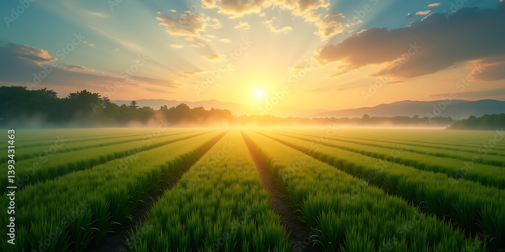 Fototapeta premium Vibrant sunrise illuminates a lush green rice field with mist rolling over the landscape