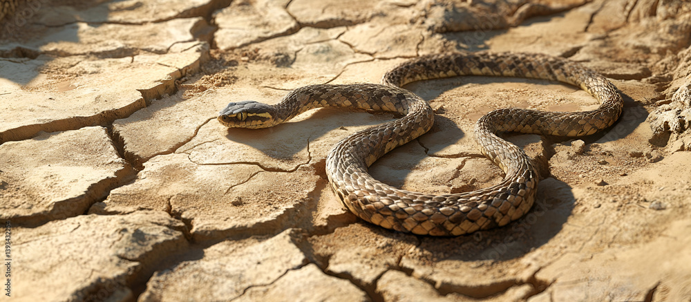 Obraz premium A viper slithering across a rocky path, its movements slow and deliberate. The dry, cracked earth of the desert contrasts with the smooth texture 