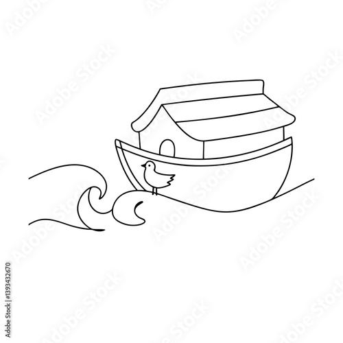 Noahs Ark Illustration With A Bird Resting On The Wave Line Art