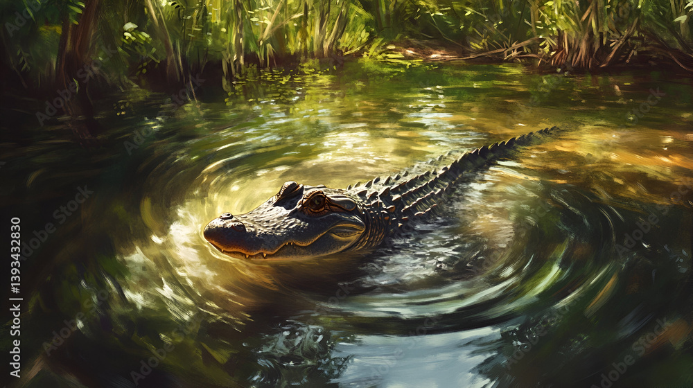 Fototapeta premium An alligator swimming swiftly through a river, its head low in the water, creating subtle ripples in its wake. The surrounding dense forest adds a feeling of isolation and wildness to the image