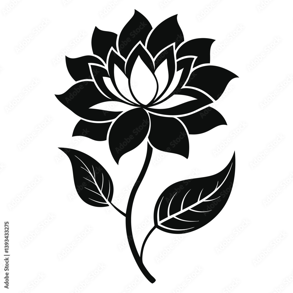 Fototapeta premium Silhouette Stylized Lotus Blossom on Stem with Leaves, Black on White