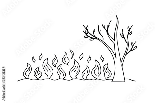 Line Art Illustration Of Wildfire Burning Near A Tree On White Background