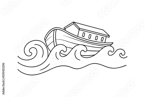 Noahs Ark Floating On Water Illustration Outline Vector Design Template Simple Style