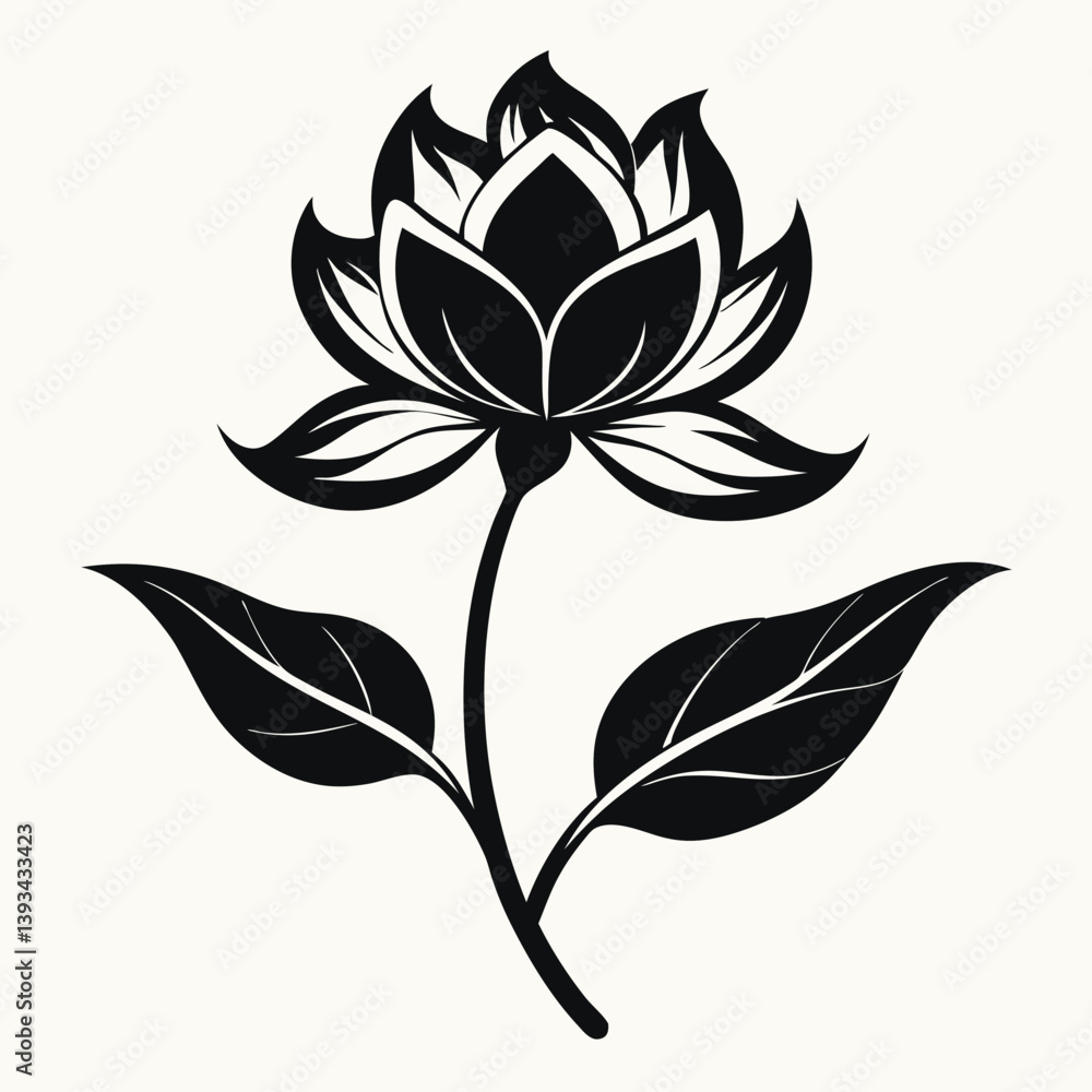 Elegant Lotus Flower Silhouette with Stem and Leaves on White Background, Isolated Elegant Lotus Flower Silhouette with Stem and Leaves on White Background, Isolated