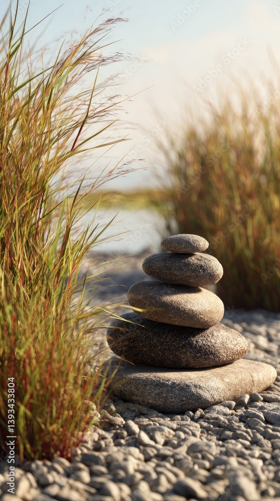 Obraz premium Stacked smooth stones on a pebbly surface amidst tall grass, with a serene background of water and sky, evoking themes of balance and tranquility in a natural scenic setting.