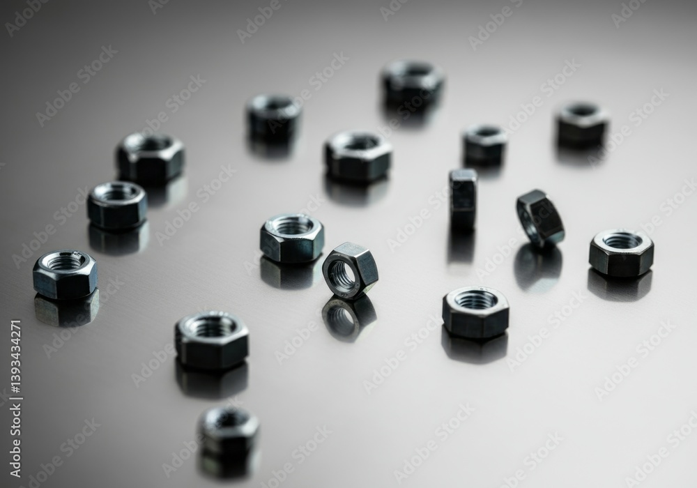 Metal nuts scattered on reflective steel surface, industrial background Metal nuts scattered on reflective steel surface, industrial background