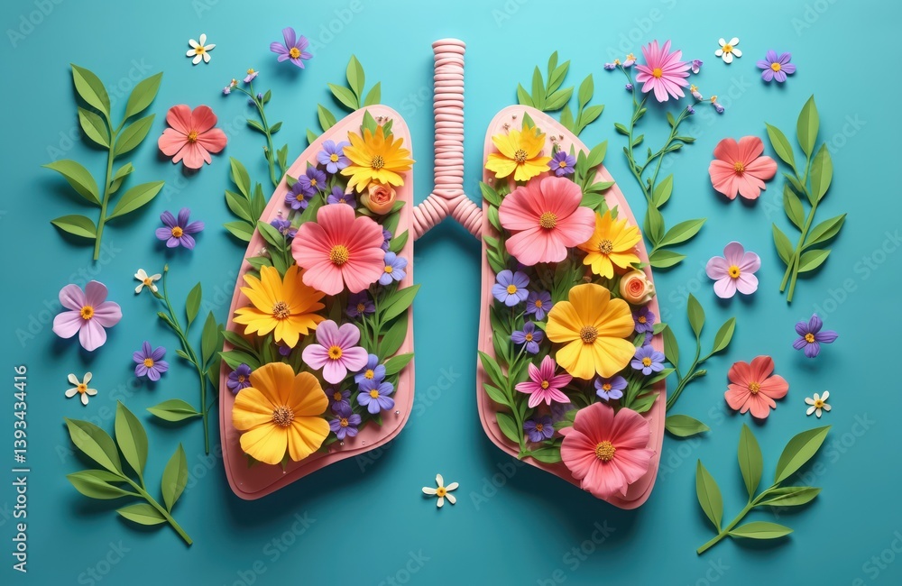 Lungs with fresh green leaves and flowers as symbol of healthy lungs. Concept on World Tuberculosis Day World Lung Day on blue background. Minimal Paper Art style.