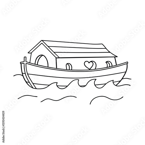 Noahs Ark Outline Floating On Water Cute Cartoon Vector Illustration