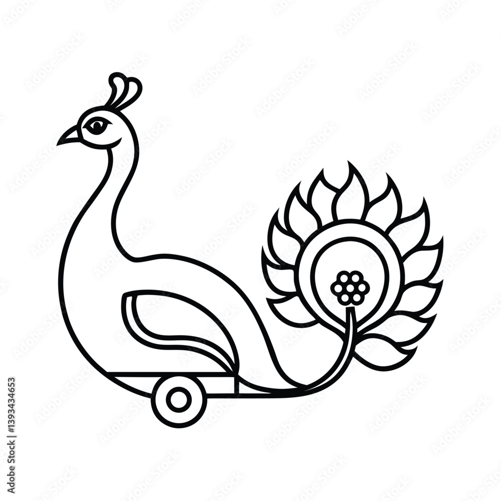 Fototapeta premium Decorative Peacock With Floral Tail Line Art Icon Style Vector Illustration