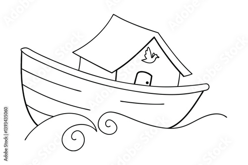 Noahs Ark Outline Vector Illustration On Water With Bird Symbol