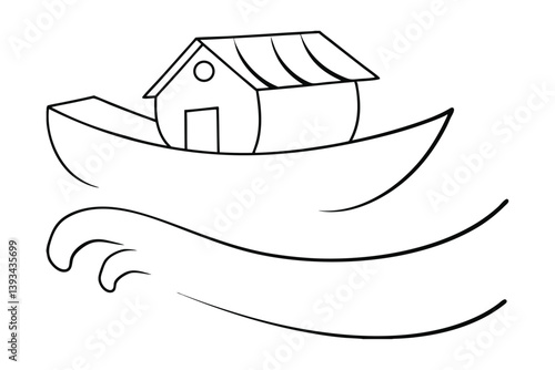 Noahs Ark Simple Black And White Line Art On Water Illustration