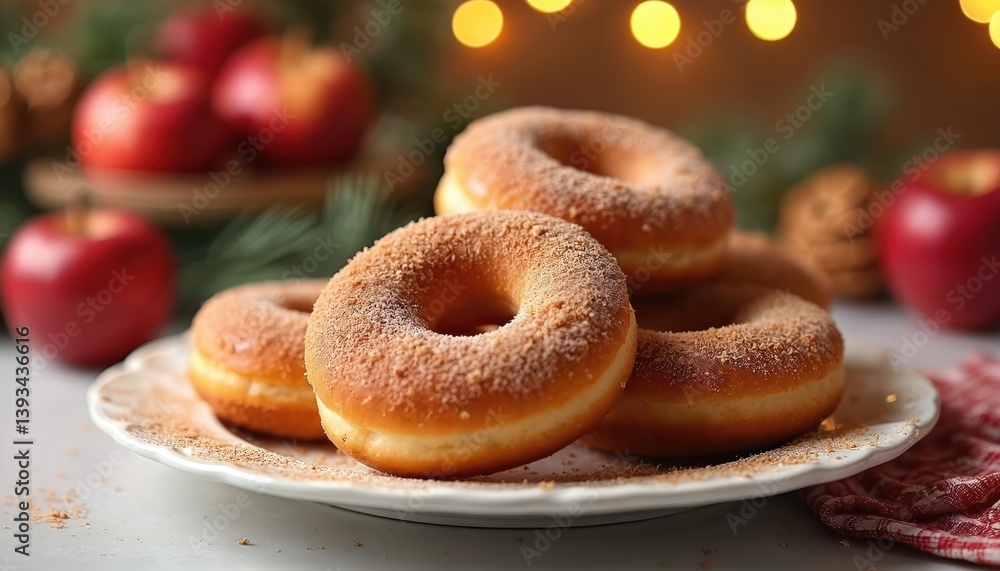 Warm apple cider donuts dusted cinnamon sugar. Cozy festive treat for holiday brunch. Freshly baked homemade food on plate. Blurred background of red apples. Seasonal delicious dessert. Warm apple cider donuts dusted cinnamon sugar. Cozy festive treat for holiday brunch. Freshly baked homemade food on plate. Blurred background of red apples. Seasonal delicious dessert.