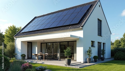 Wallpaper Mural Modern family home in Germany with solar panels roof. Sustainable eco-friendly construction features energy efficiency. New residential building with renewable tech. Green architecture, suburban Torontodigital.ca