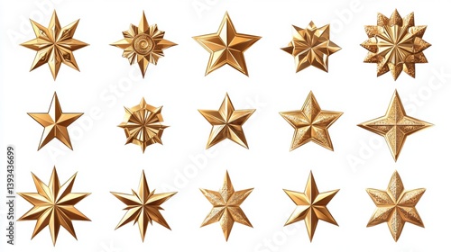 Collection of 15 golden stars with various designs and shapes, isolated on white background.