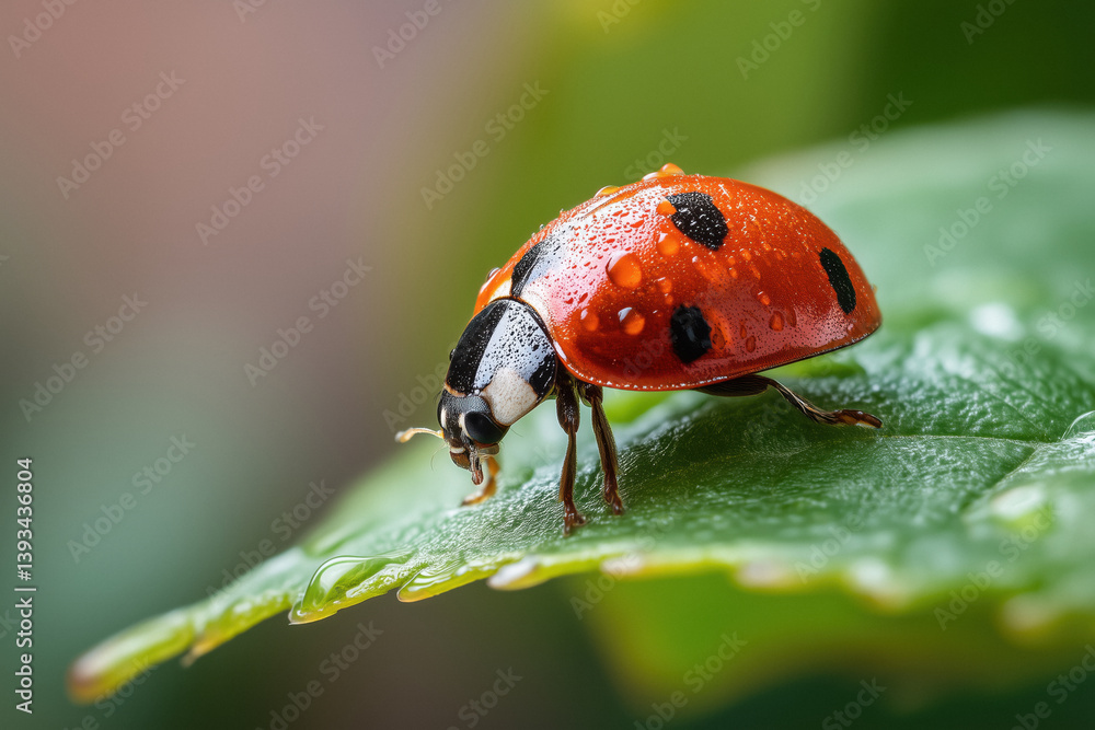 A ladybug (Coccinella septempunctata) with water droplets on its red and black spotted shell crawls on a green leaf.