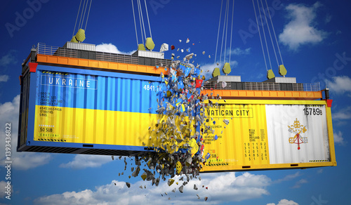 Obraz na płótnie Cargo containers with flags of Ukraine and Vatican City - 3D illustration w salonie