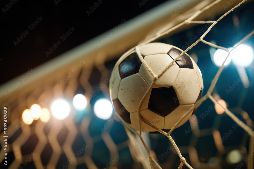 A soccer ball, black and white, is nestled in the white netting of a goal, with blurred stadium lights shining in the background.
