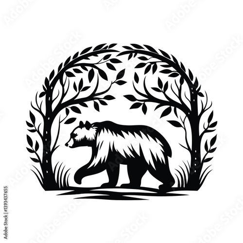 Black Bear Silhouette Walking Under Trees, Isolated Wildlife Animal Icon, Woodland Design