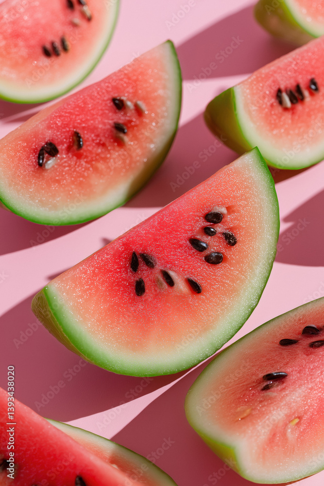 Several slices of fresh watermelon with black seeds and green rinds are arranged on a bright pink surface, casting shadows.