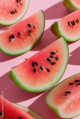 Obraz na płótnie Several slices of fresh watermelon with black seeds and green rinds are arranged on a bright pink surface, casting shadows. w salonie