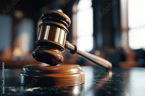 A wooden judge's gavel and striking block sit on a dark, reflective surface in a courtroom or library setting with blurred background.