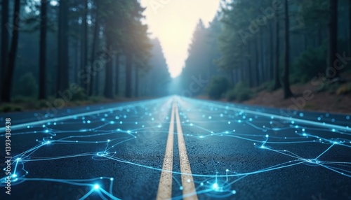 Obraz na płótnie Abstract tech road map with innovative networking. Tech route with future vision in forest with connected data. Digital map, navigation concept, gps technology, transportation. Modern tech concept. w salonie